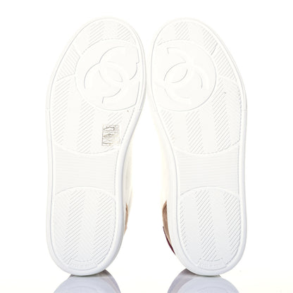 Chanel Calfskin Velvet Womens Logo Sneakers 38 White Beige Burgundy 6 of 10