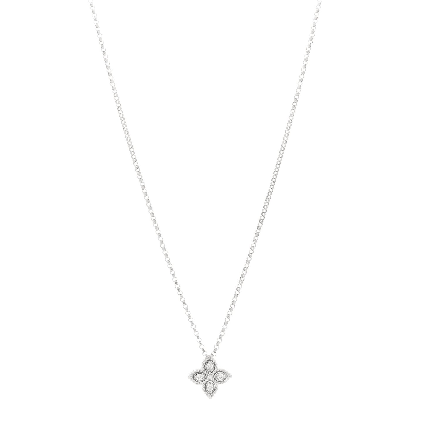 18K White Gold Diamond Small Princess Flower Pendant Necklace