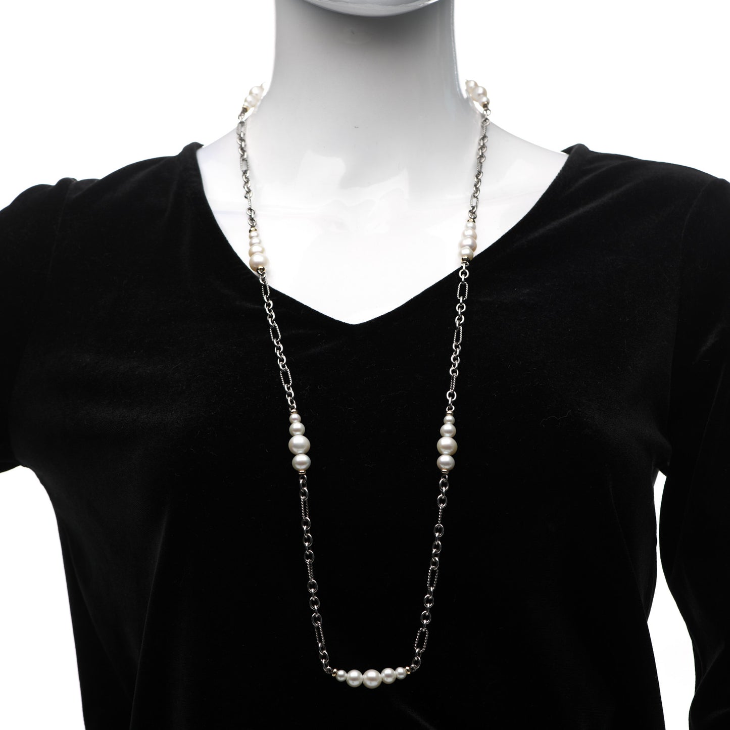 Sterling Silver 18K Yellow Gold Baroque Pearl Long Figaro Chain Necklace