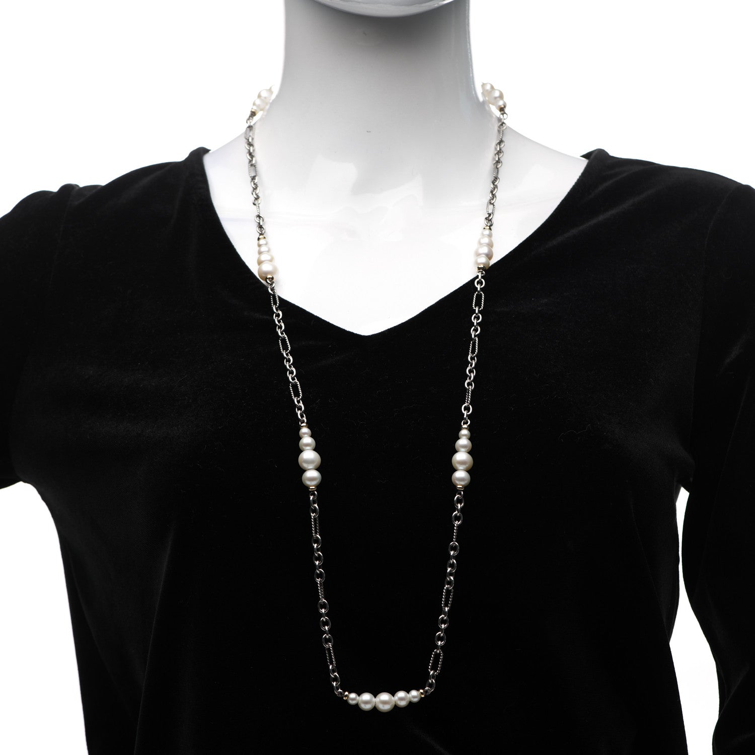 David Yurman Sterling Silver 18K Yellow Gold Baroque Pearl Long Figaro Chain Necklace 2 of 5