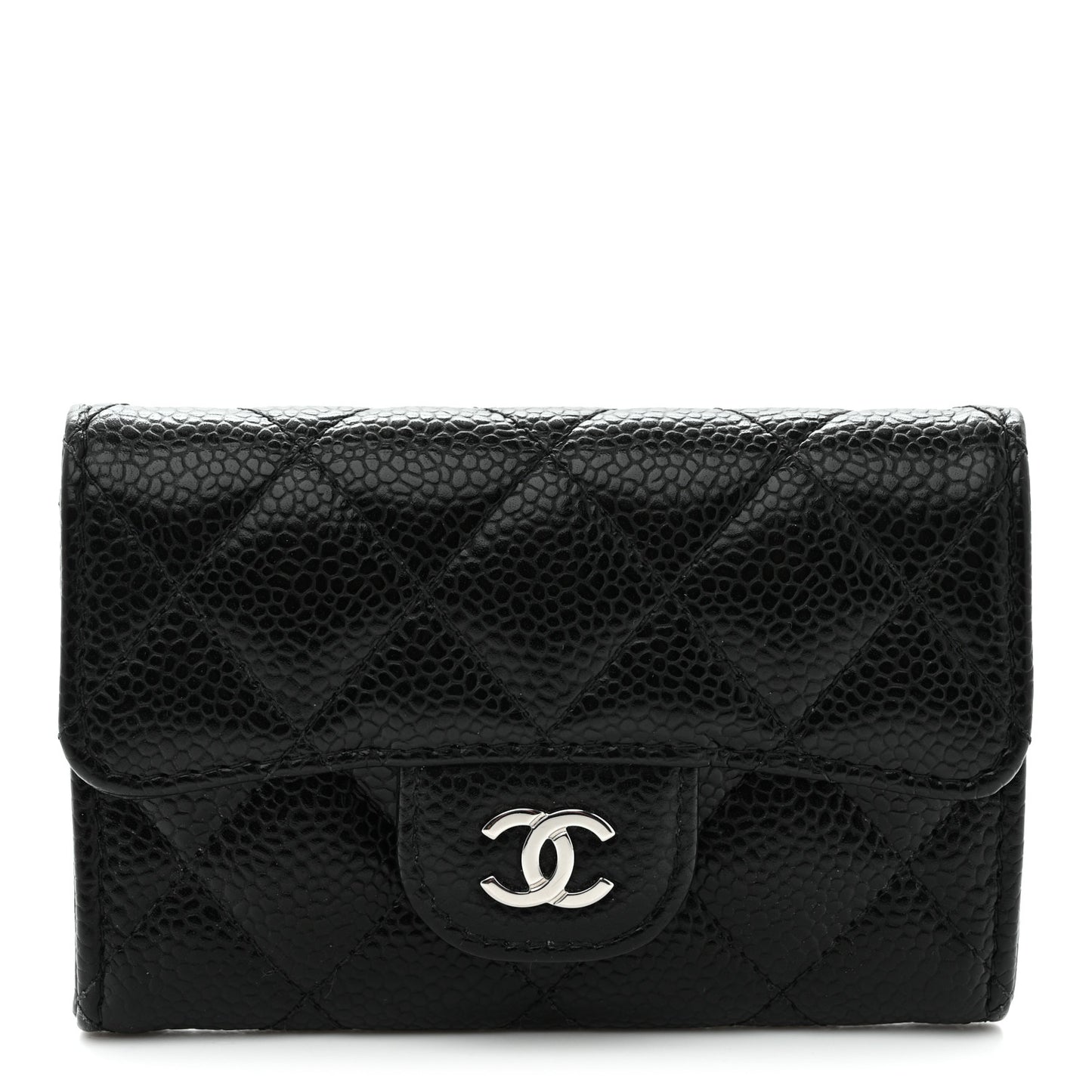 Caviar Quilted Flap Card Holder Wallet Black