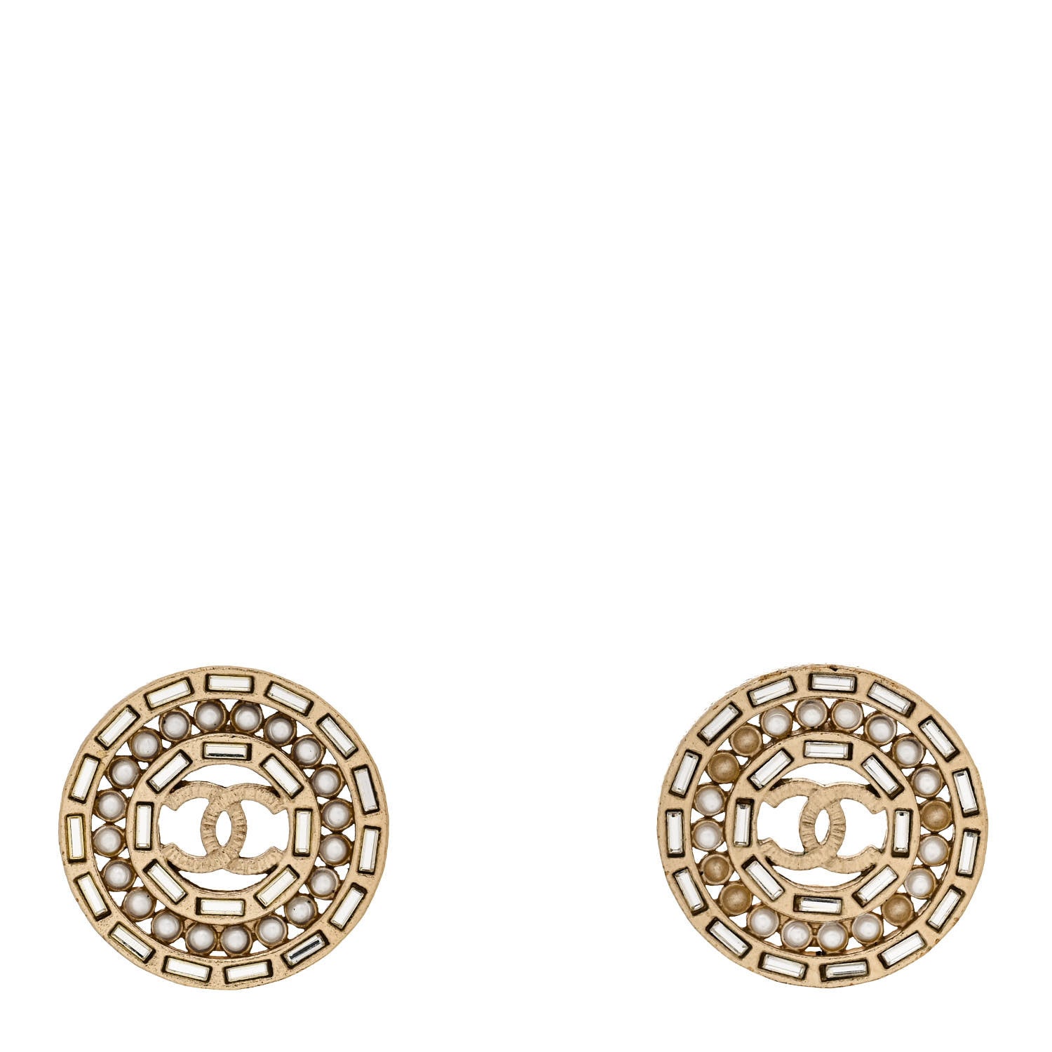Chanel Pearl Crystal Baguette CC Round Earrings Gold 1 of 6
