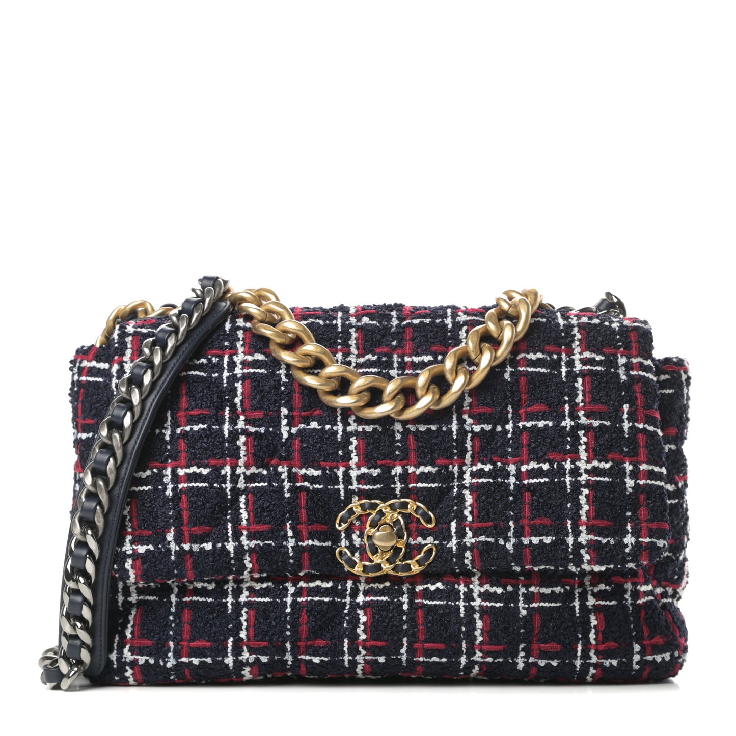 Tweed Quilted Medium Chanel 19 Flap Navy Blue White Red
