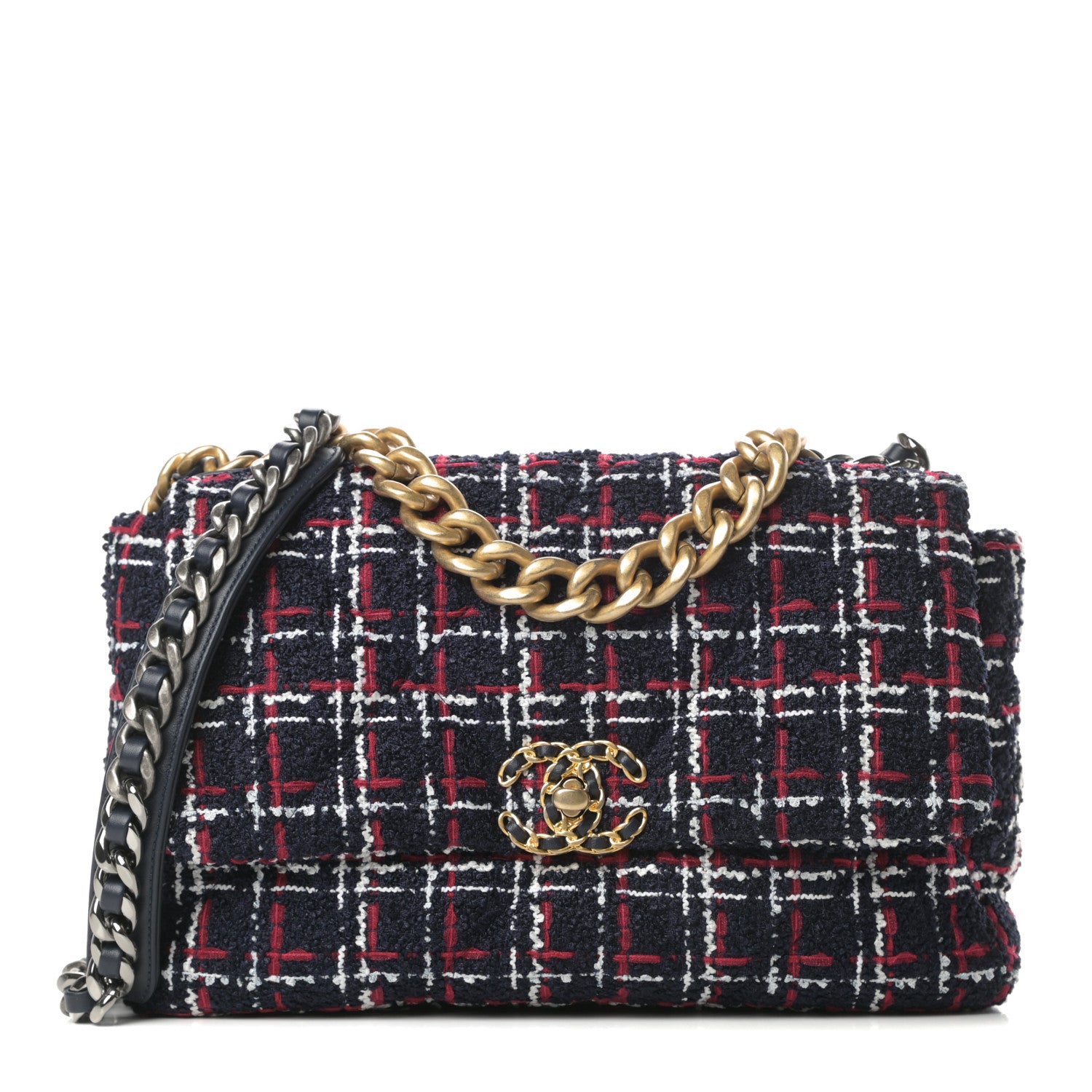 Chanel Tweed Quilted Medium Chanel 19 Flap Navy Blue White Red 1 of 11