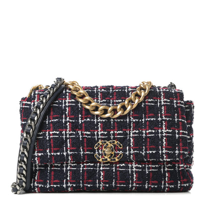 Chanel Tweed Quilted Medium Chanel 19 Flap Navy Blue White Red 1 of 11