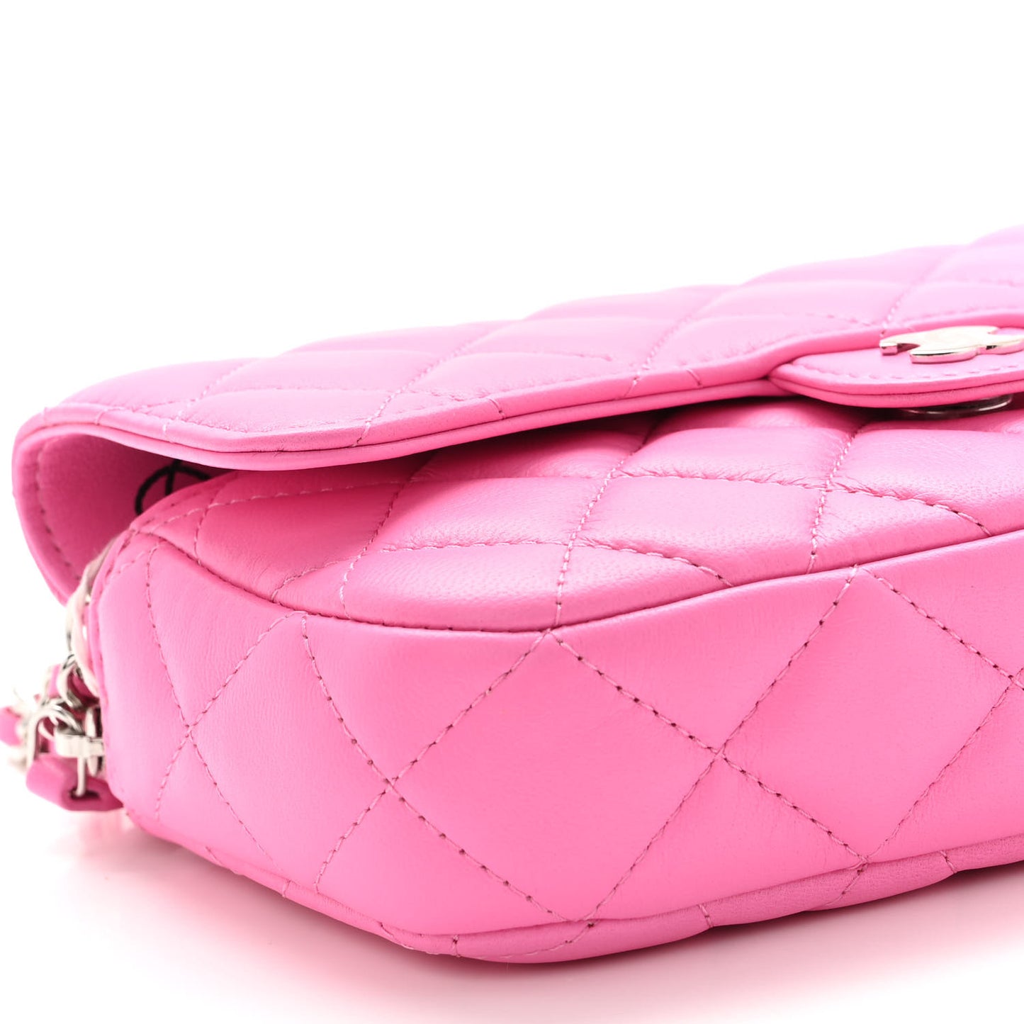 Lambskin Quilted Flap Phone Holder With Chain Neon Pink