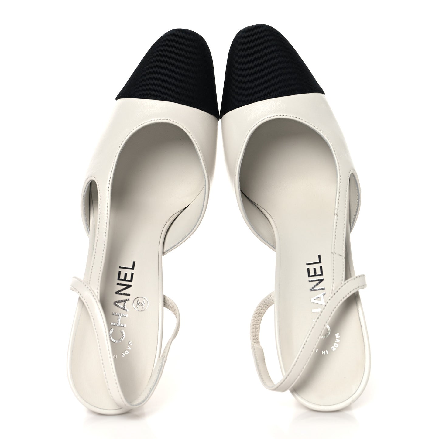 Lambskin Grosgrain Cap Toe CC Slingback Pumps 38.5 White Black
