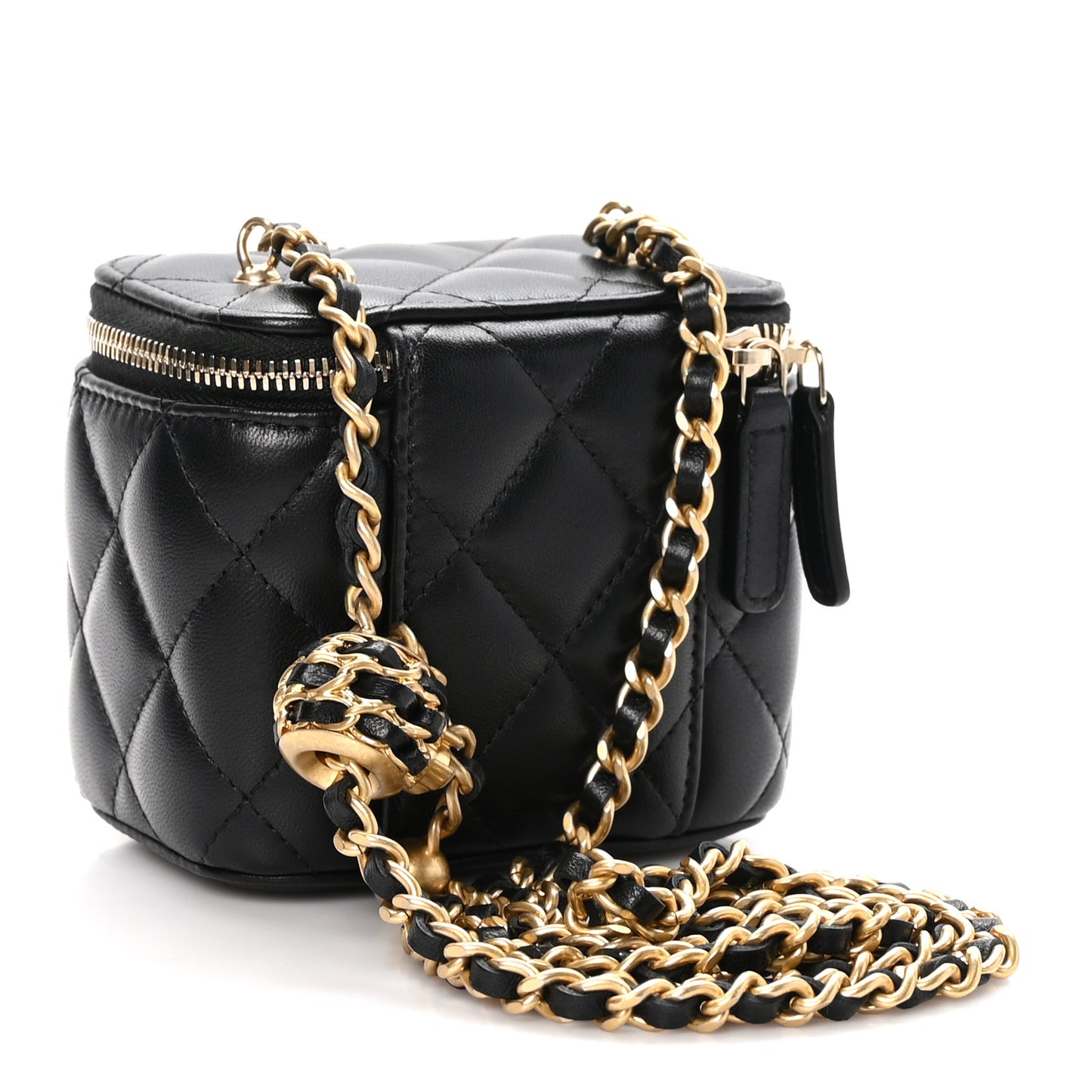 Lambskin Quilted Mini Pearl Crush Vanity Case With Chain Black