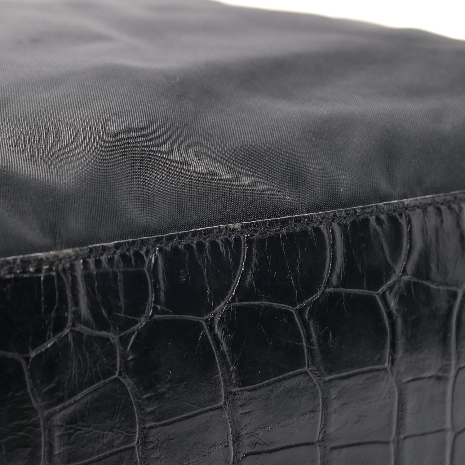 Prada Tessuto Nylon Calfskin Crocodile Embossed Tote Black 14 of 14