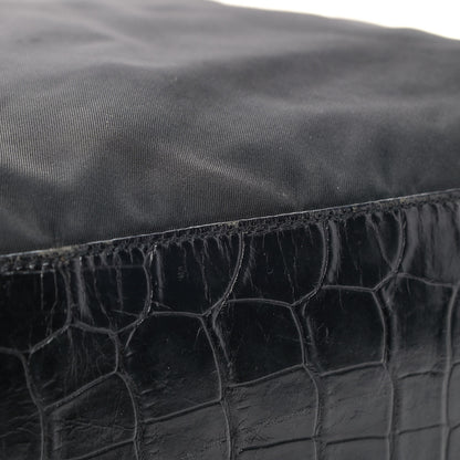 Prada Tessuto Nylon Calfskin Crocodile Embossed Tote Black 14 of 14