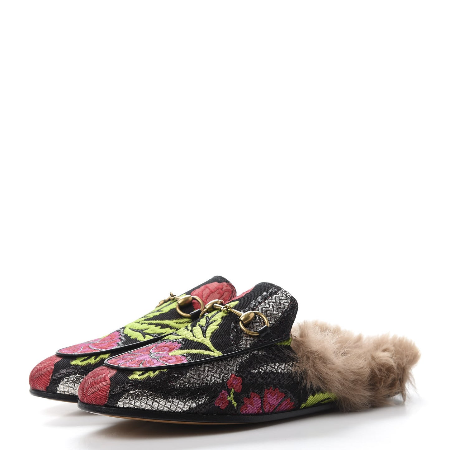 Brocade Fur Floral Womens Princetown Slippers 35.5 Black Anthracite