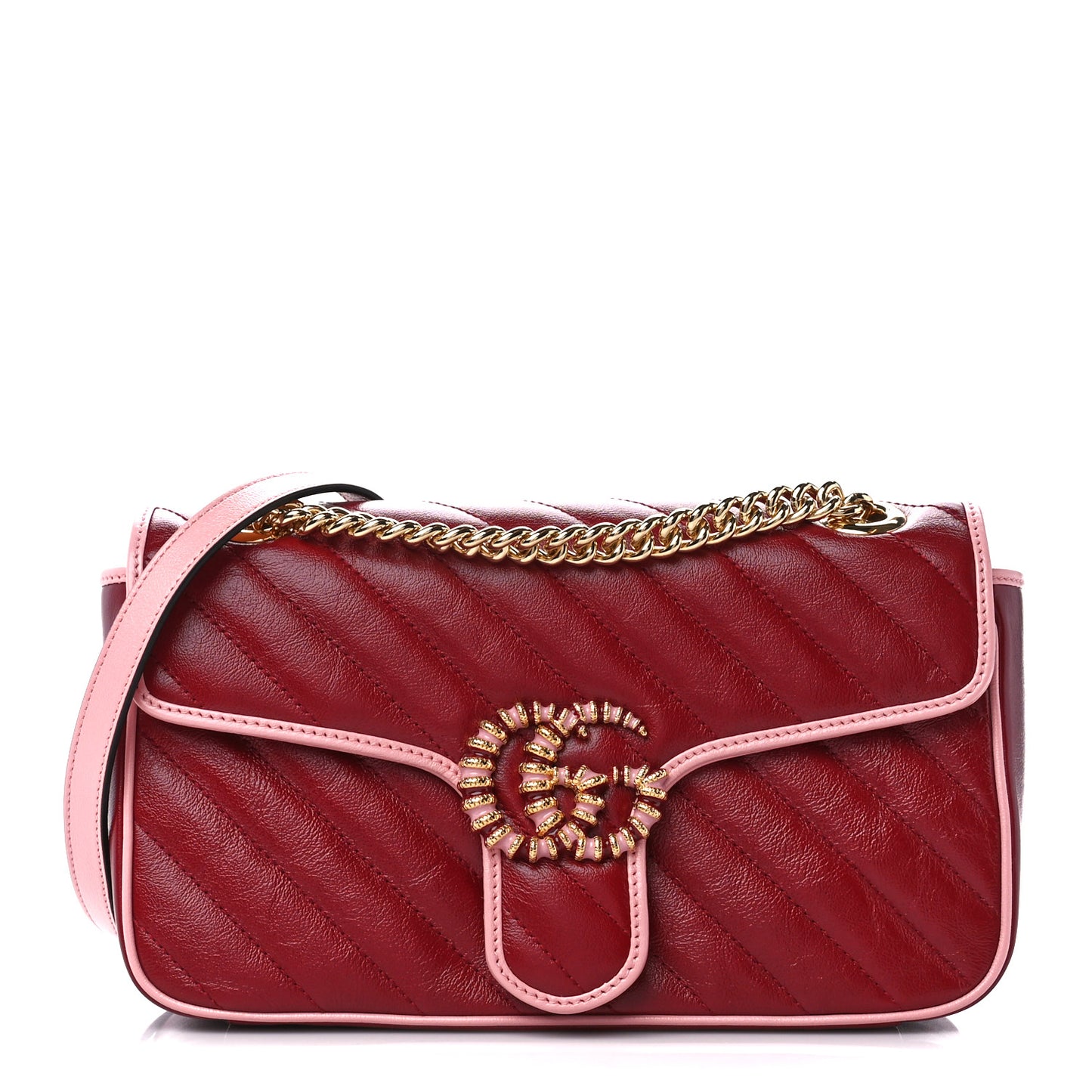 Azalea Calfskin Enamel Matelasse Diagonal Small Torchon GG Marmont Shoulder Bag New Cherry Red Wild Rose