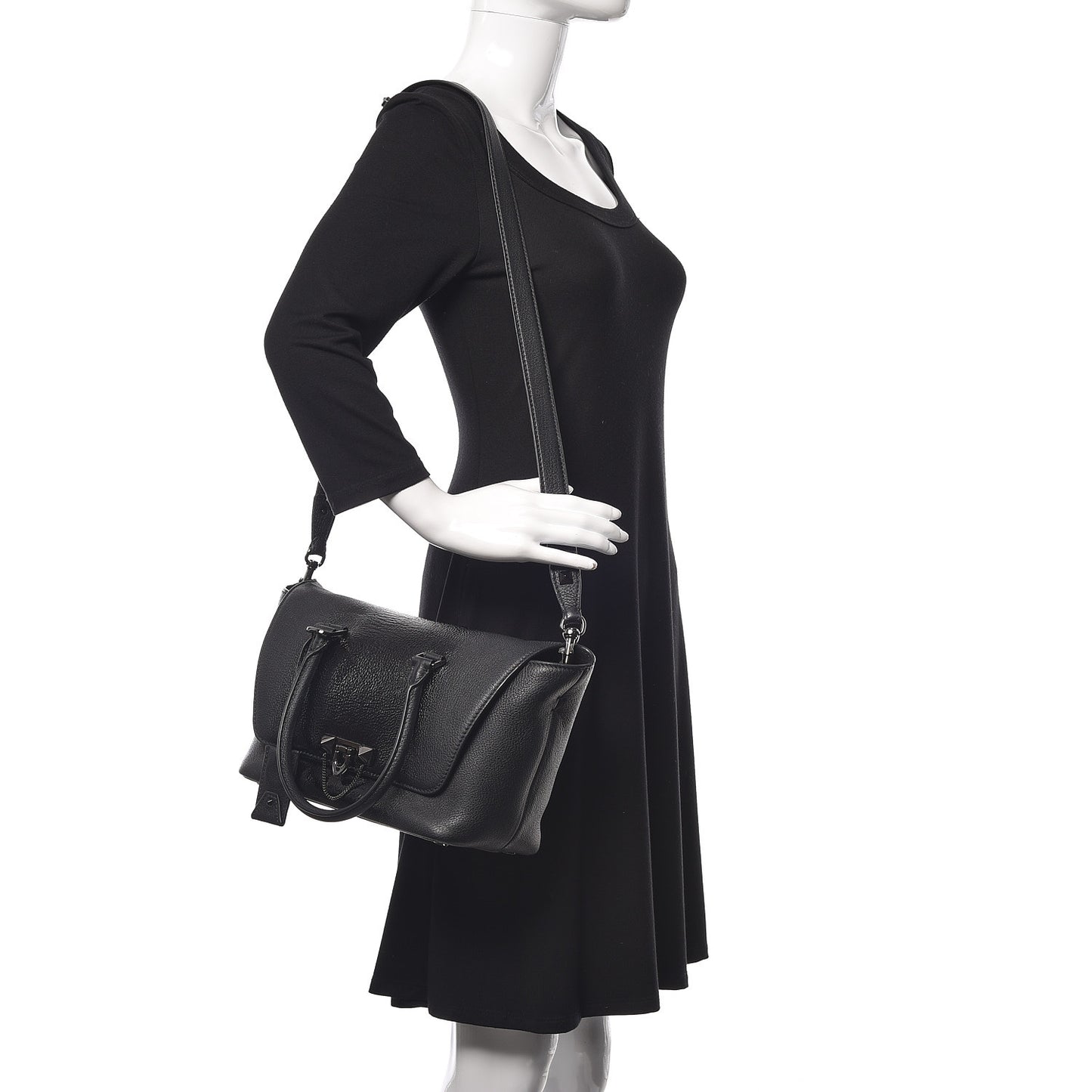 Patent Pebbled Calfskin Small Demilune Double Handle Satchel Black