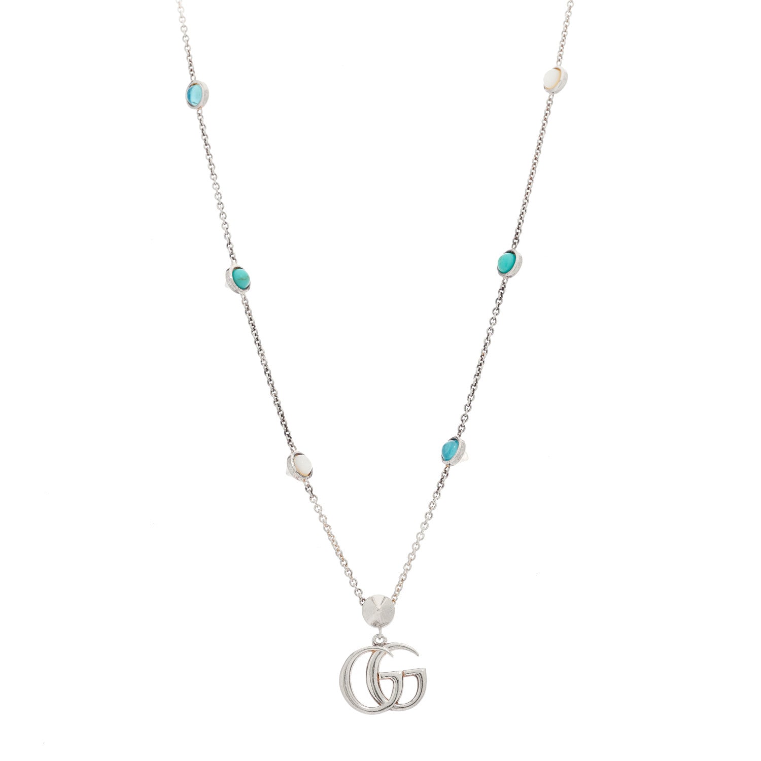 Gucci Sterling Silver Blue Topaz Mother of Pearl Turquoise Double GG Pendant Necklace 1 of 5