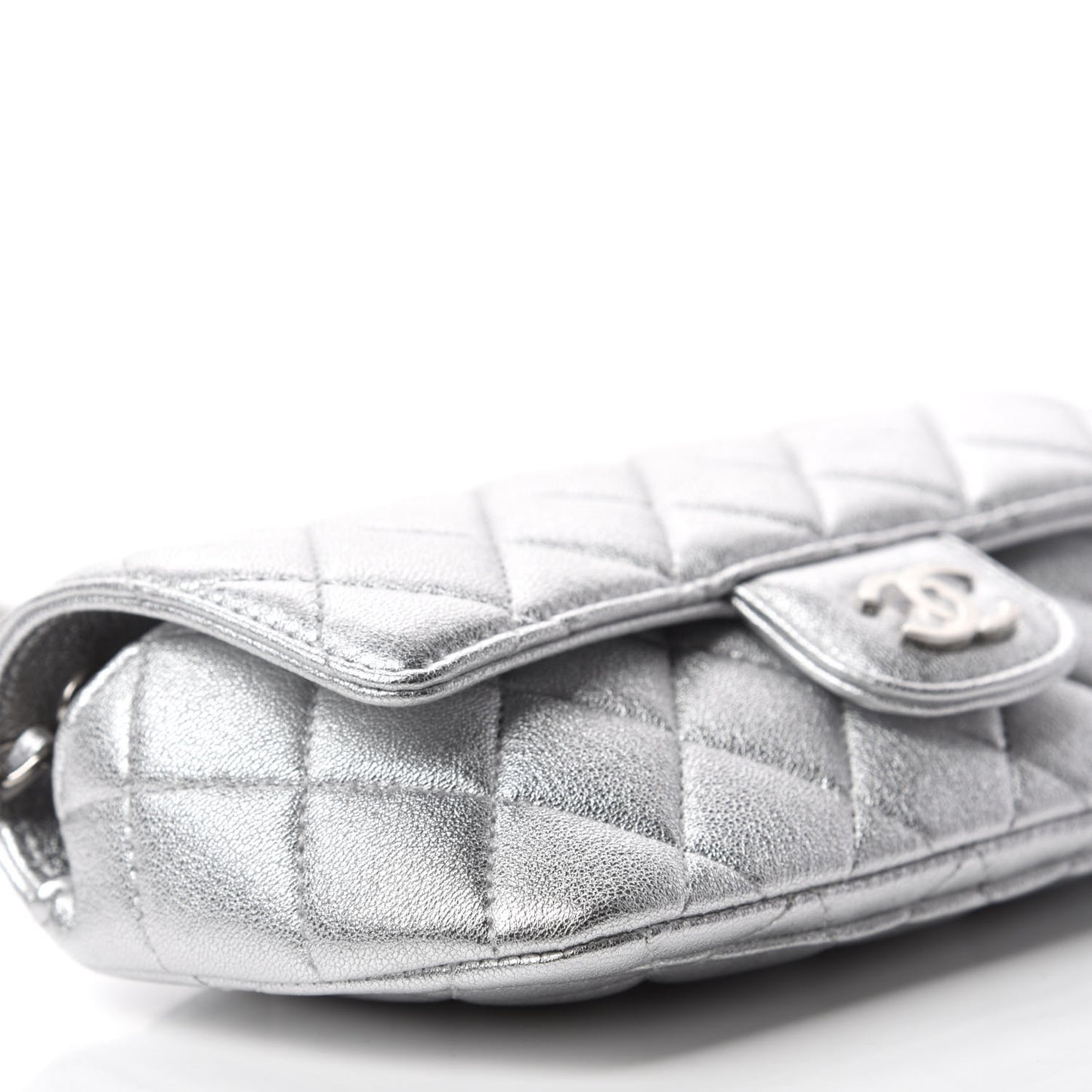 Metallic Lambskin Quilted Glasses Case With Chain Silver