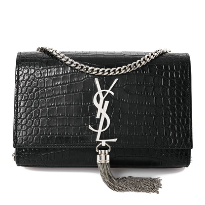 Saint Laurent Calfskin Crocodile Embossed Small Classic Monogram Kate Tassel Satchel Black 1 of 12