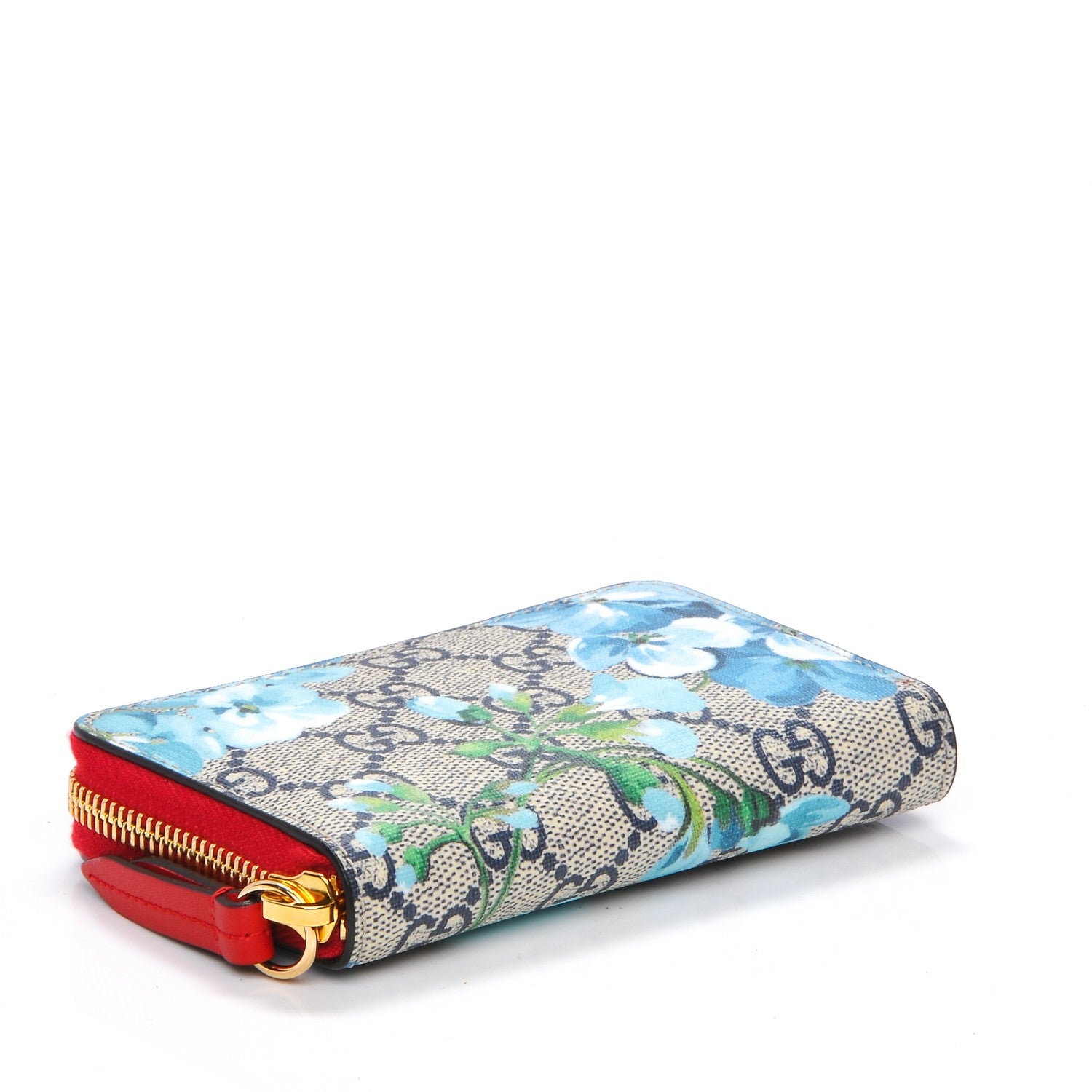 Gucci GG Supreme Monogram Blooms Zip Around Card Case Wallet Beige Blue Navy Hibiscus Red 4 of 6