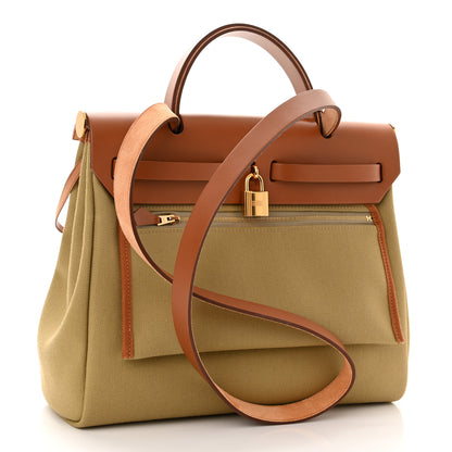 Hermes Military Toile Vache Hunter Herbag Zip Retourne 31 PM Poussiere Fauve 3 of 9