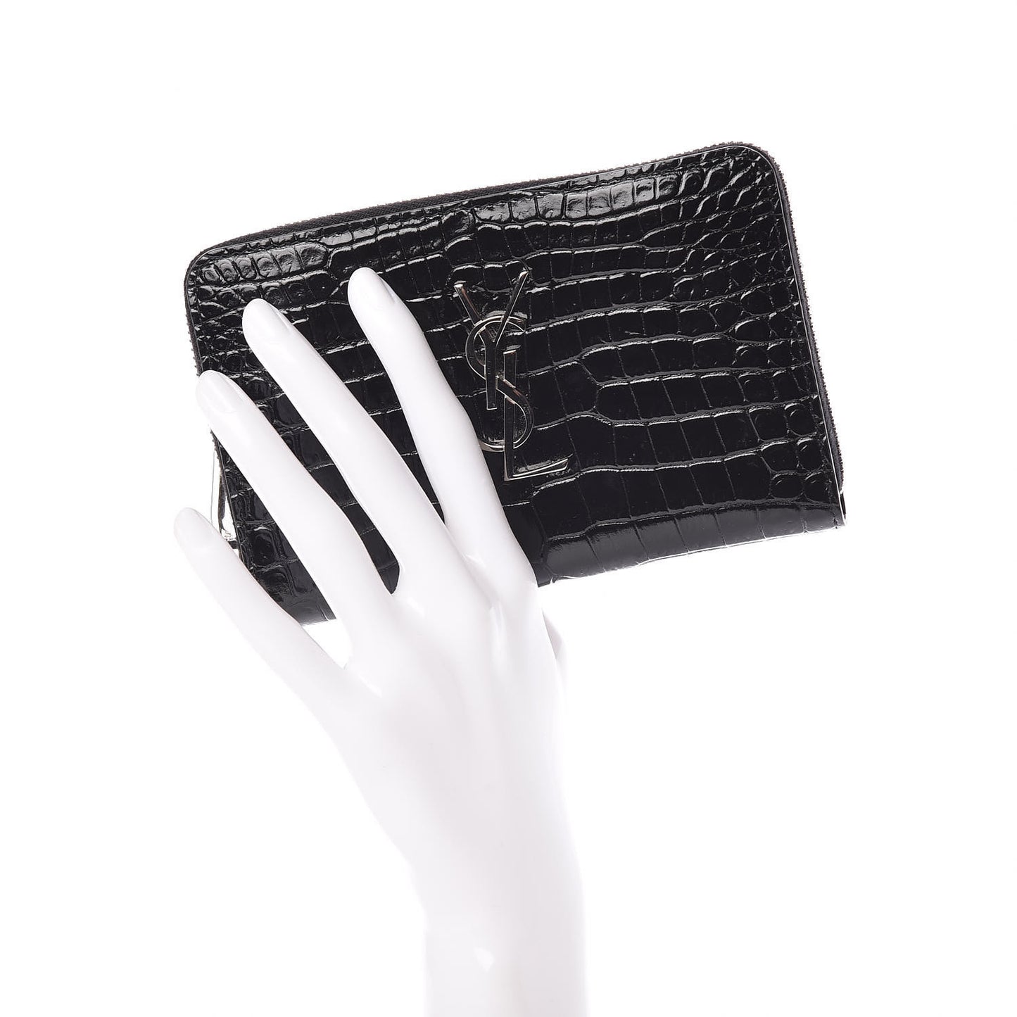 Calfskin Crocodile Embossed Monogram Zip Around Wallet Black