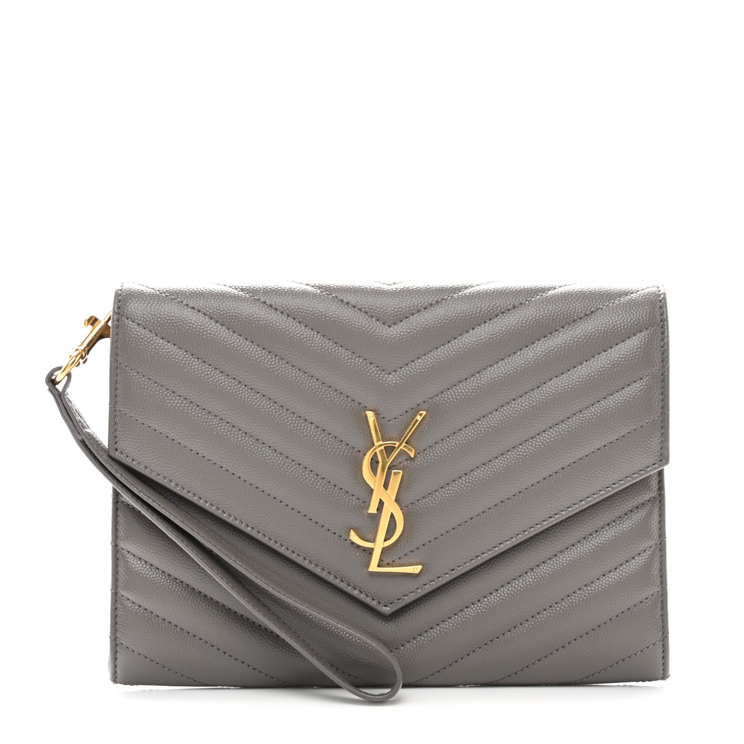 Saint Laurent Grain De Poudre Matelasse Chevron Monogram Envelope Clutch Fog 1 of 8