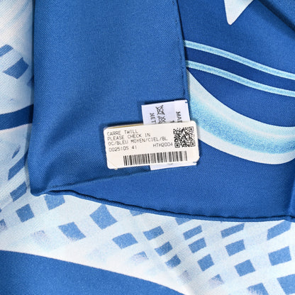 Hermes Silk Please Check In Scarf 90 Bleu Moyen Ciel White 3 of 3