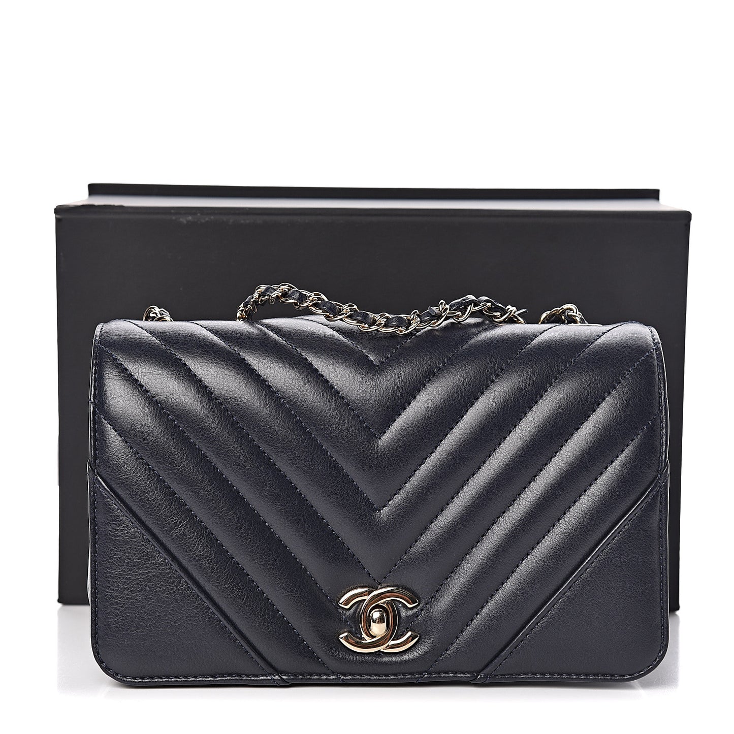 Calfskin Chevron Quilted Mini Statement Flap Navy Blue