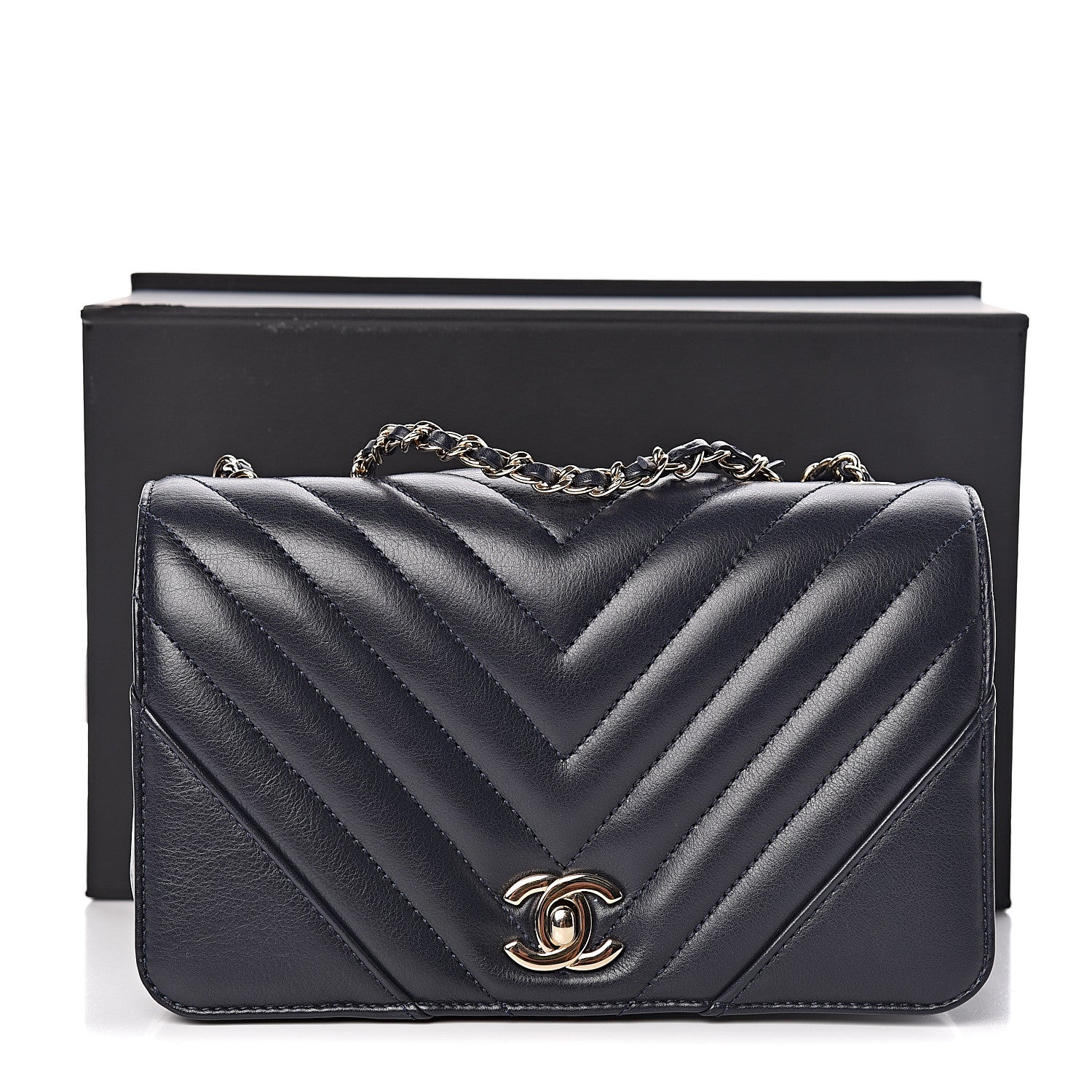 Chanel Calfskin Chevron Quilted Mini Statement Flap Navy Blue 10 of 10