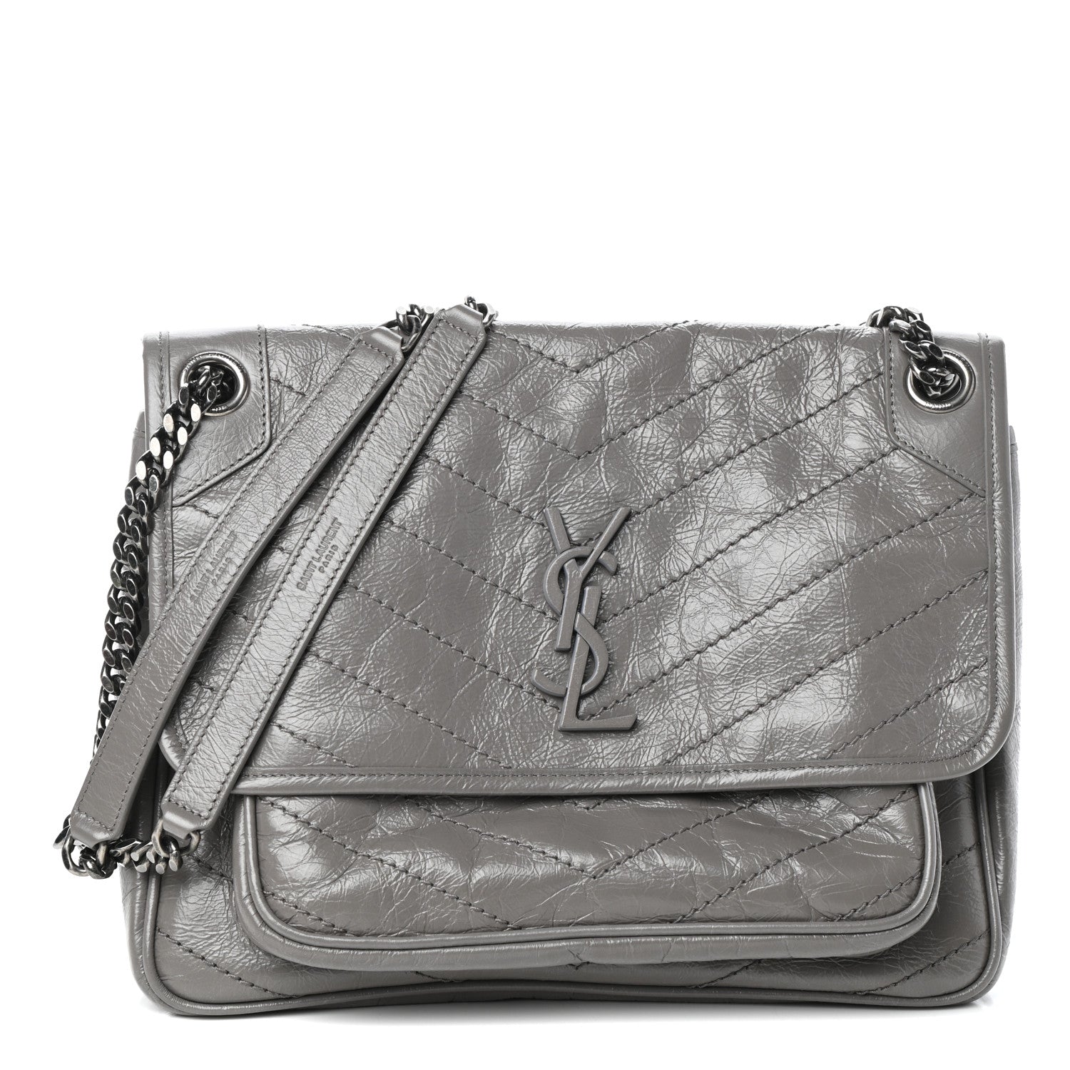 Saint Laurent Crinkled Calfskin Matelasse Monogram Medium Niki Chain Satchel Fog 1 of 9