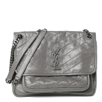 Saint Laurent Crinkled Calfskin Matelasse Monogram Medium Niki Chain Satchel Fog 1 of 9