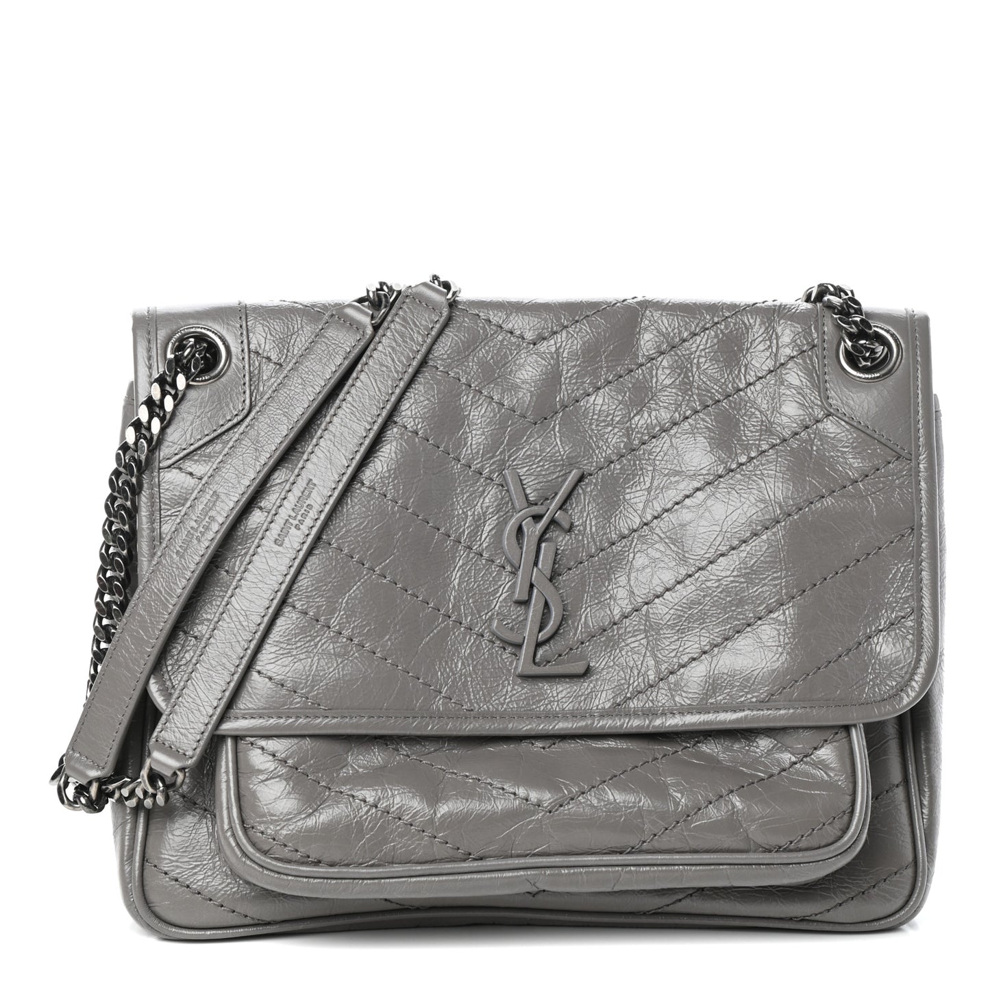Crinkled Calfskin Matelasse Monogram Medium Niki Chain Satchel Fog