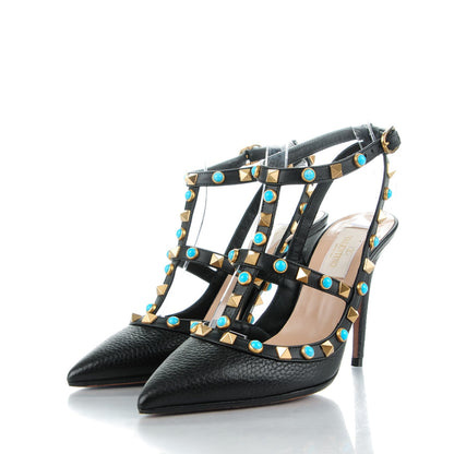 Valentino Garavani Pebbled Calfskin Turquoise Rockstud Rolling Ankle Strap 100mm Pumps 34.5 Black 3 of 8