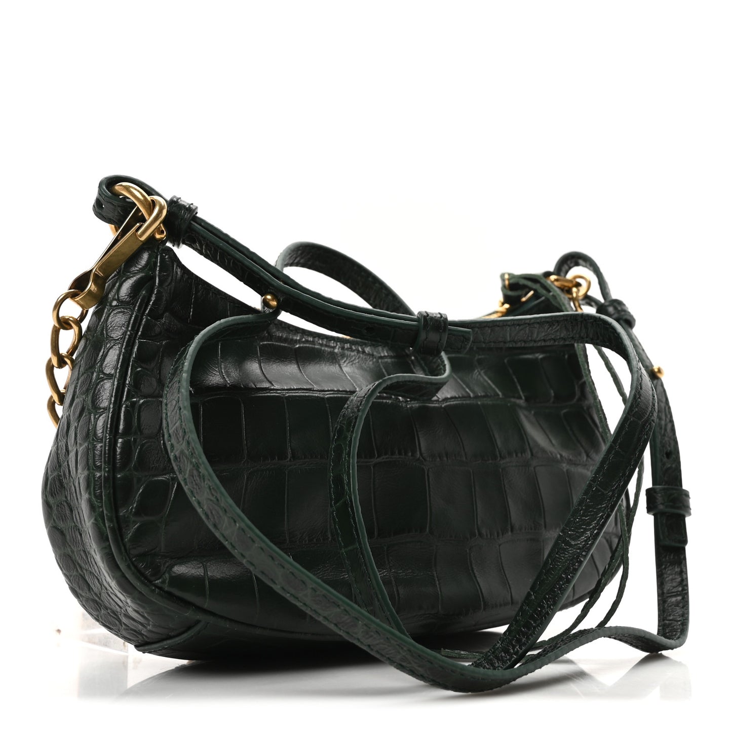 Extra Supple Calfskin Crocodile Embossed Mini Le Cagole Purse With Chain Forest Green