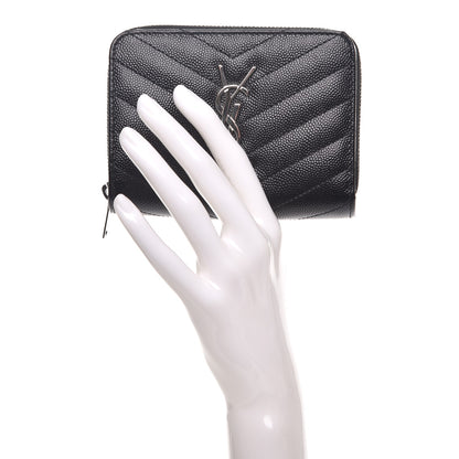 Saint Laurent Grain De Poudre Matelasse Chevron Monogram Compact Zip Around Wallet Black 2 of 9
