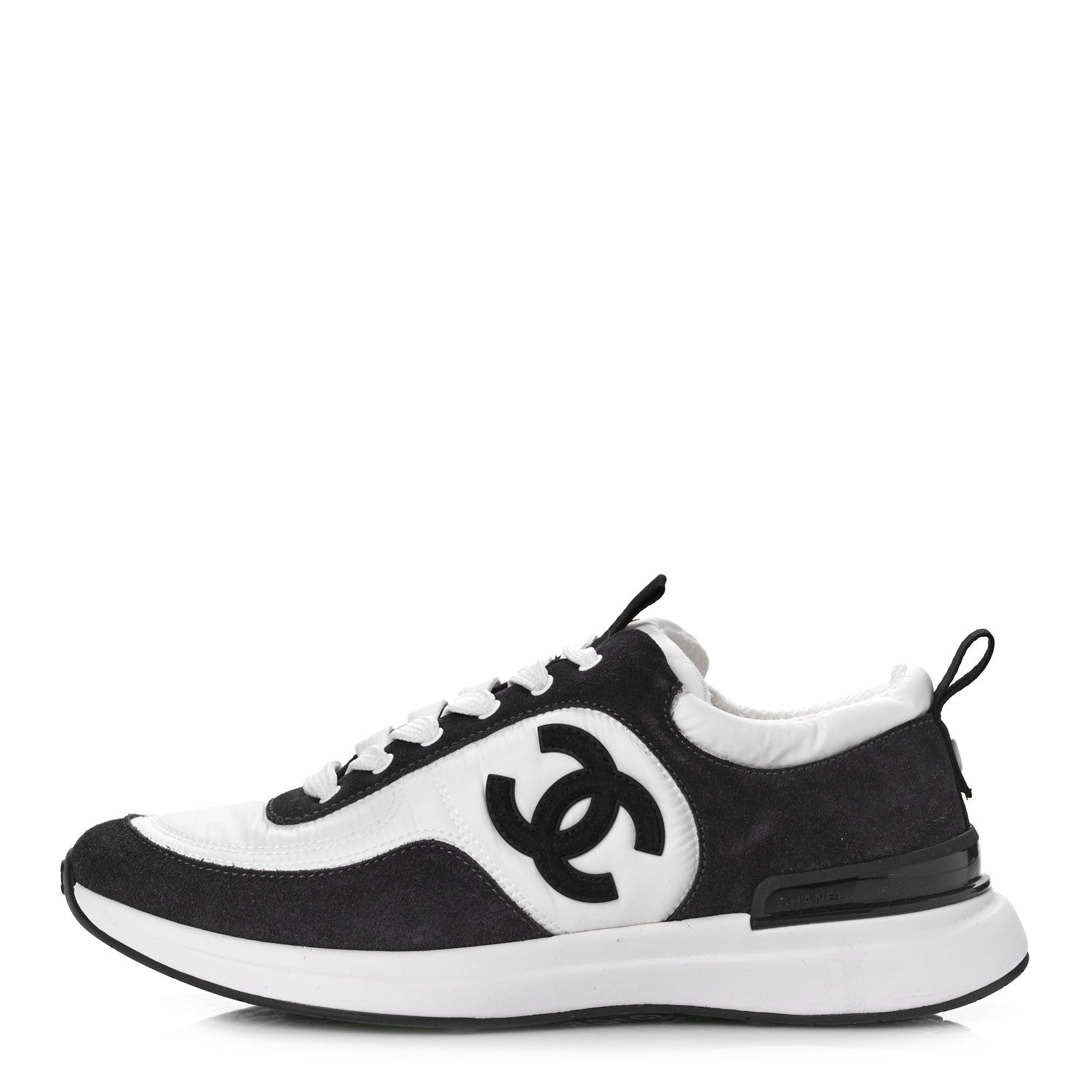 Chanel Nylon Suede Calfskin CC Sneakers 38.5 White Dark Grey 1 of 9