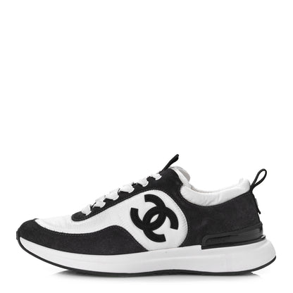Chanel Nylon Suede Calfskin CC Sneakers 38.5 White Dark Grey 1 of 9