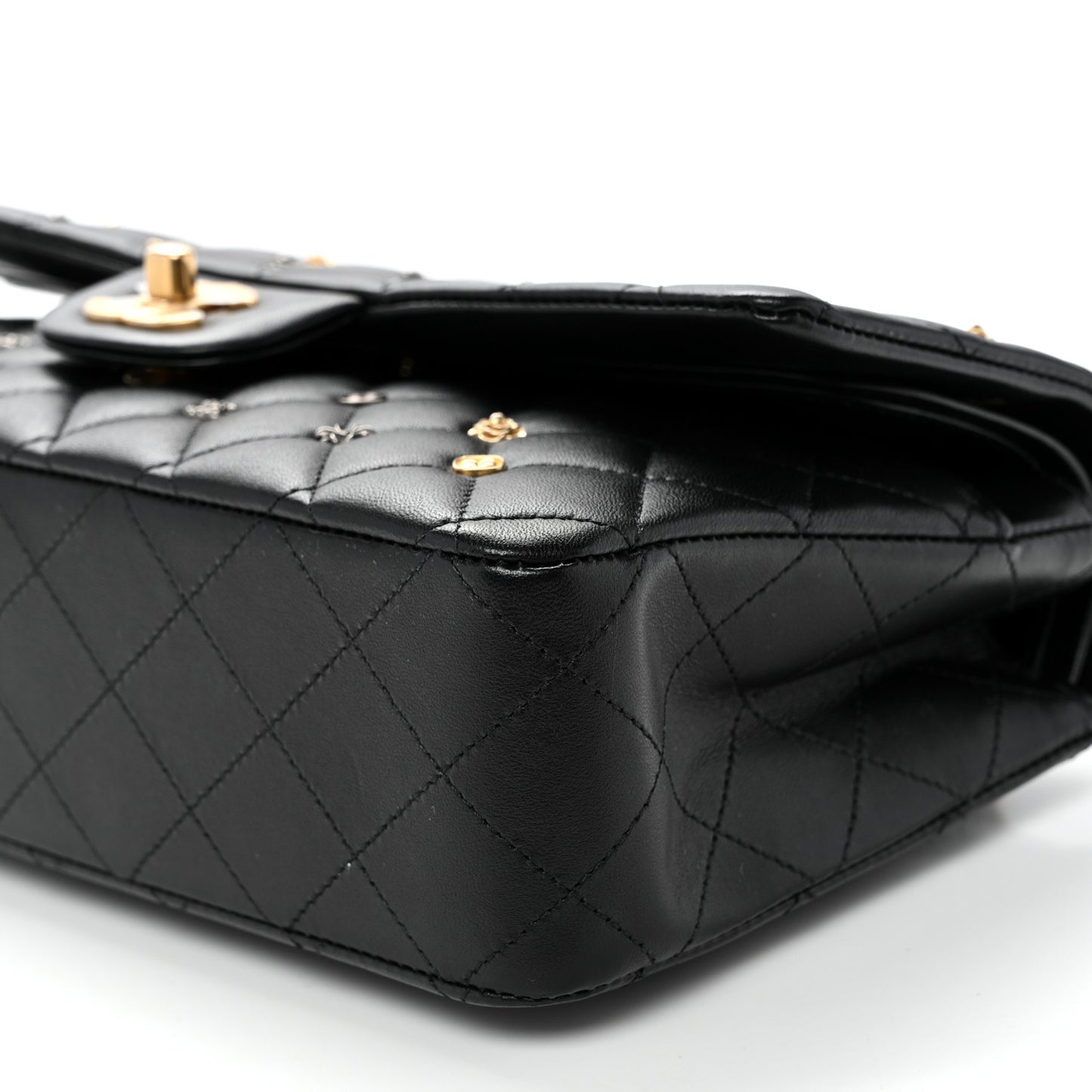 Lambskin Quilted Studded Medium Double Flap Black