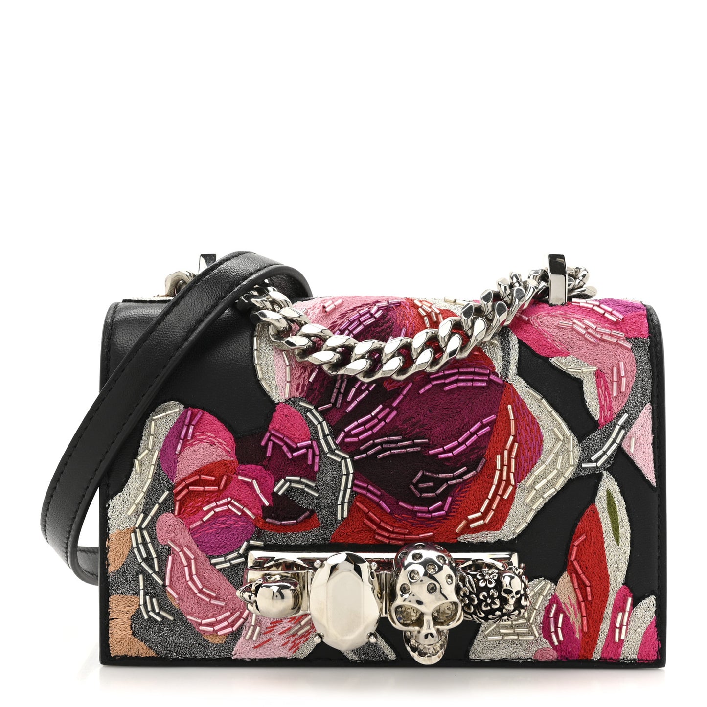 Calfskin Beaded Embroidered Solarised Orchid Mini Jeweled Knuckle Satchel Black Multicolor