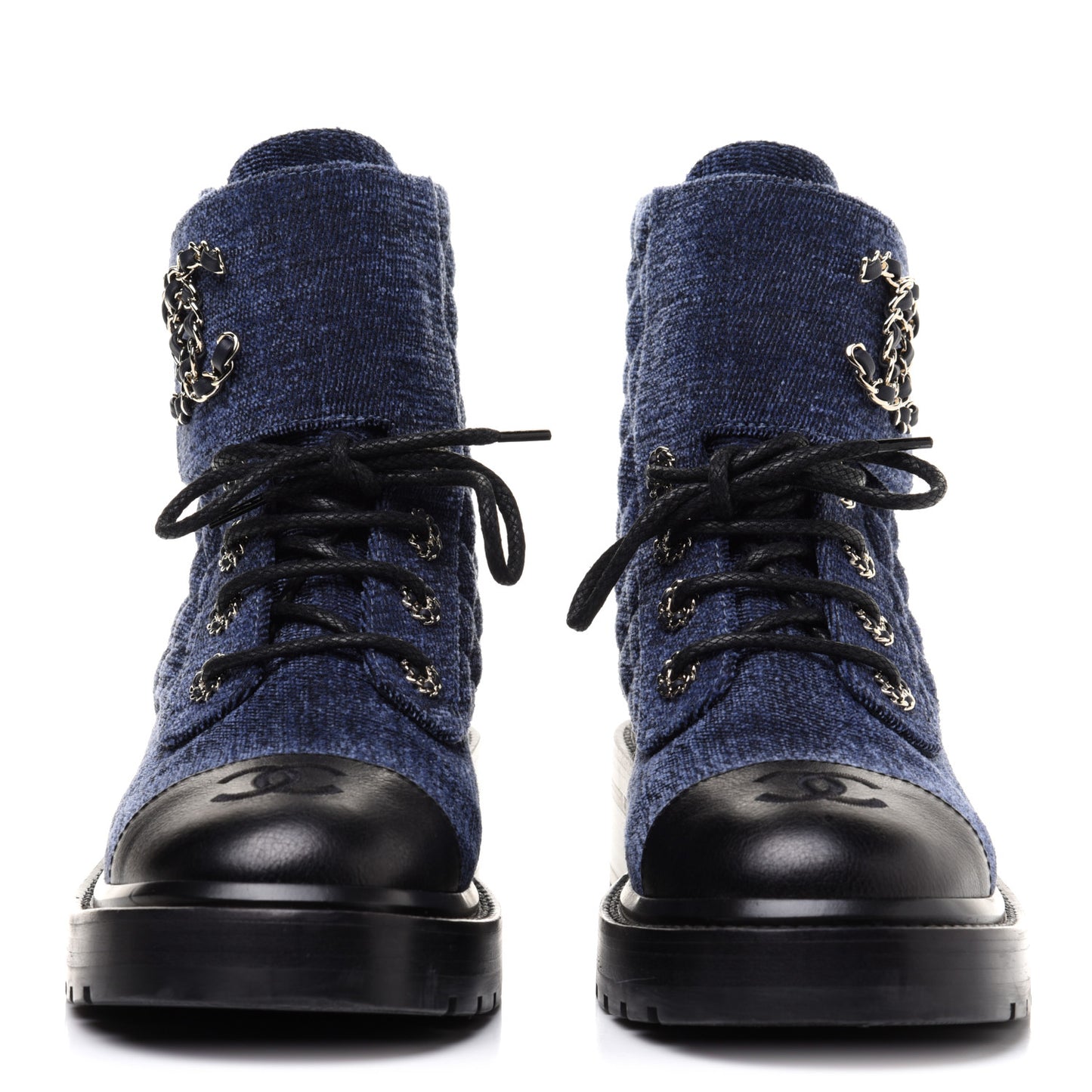Shiny Calfskin Velvet Quilted Lace Up Combat Boots 37 Blue