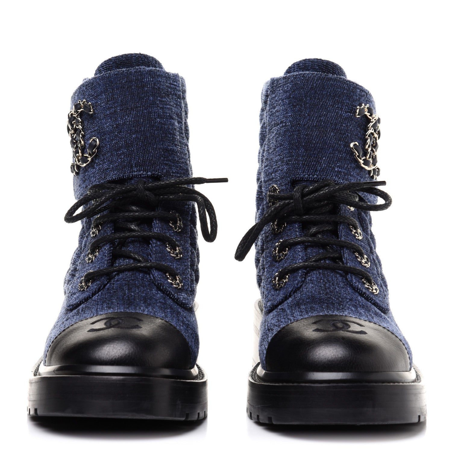 Chanel Shiny Calfskin Velvet Quilted Lace Up Combat Boots 37 Blue 2 of 13