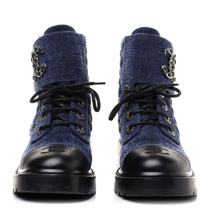 Chanel Shiny Calfskin Velvet Quilted Lace Up Combat Boots 37 Blue 2 of 13