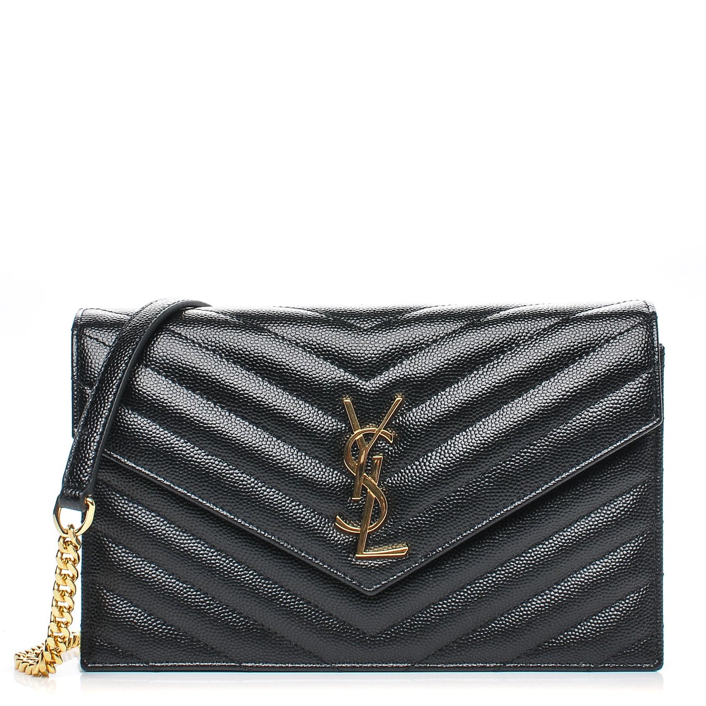 Grain De Poudre Matelasse Chevron Monogram Envelope Chain Wallet Black