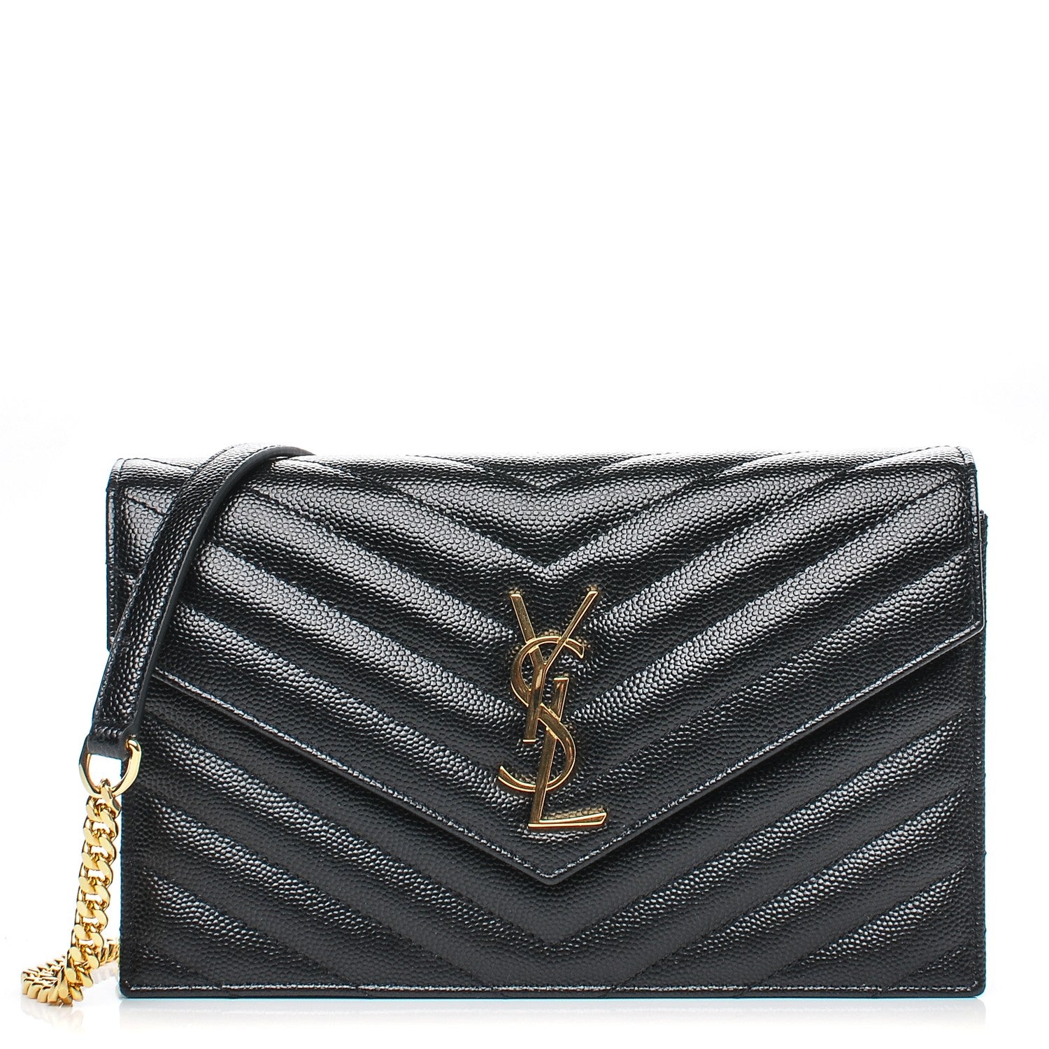 Saint Laurent Grain De Poudre Matelasse Chevron Monogram Envelope Chain Wallet Black 1 of 7