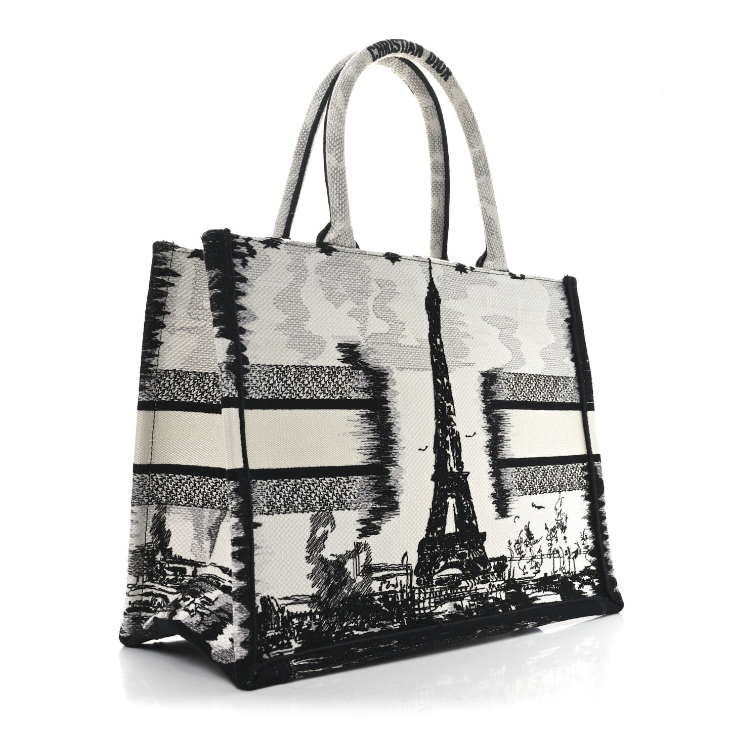 Canvas Embroidered Medium Paris Book Tote White Black
