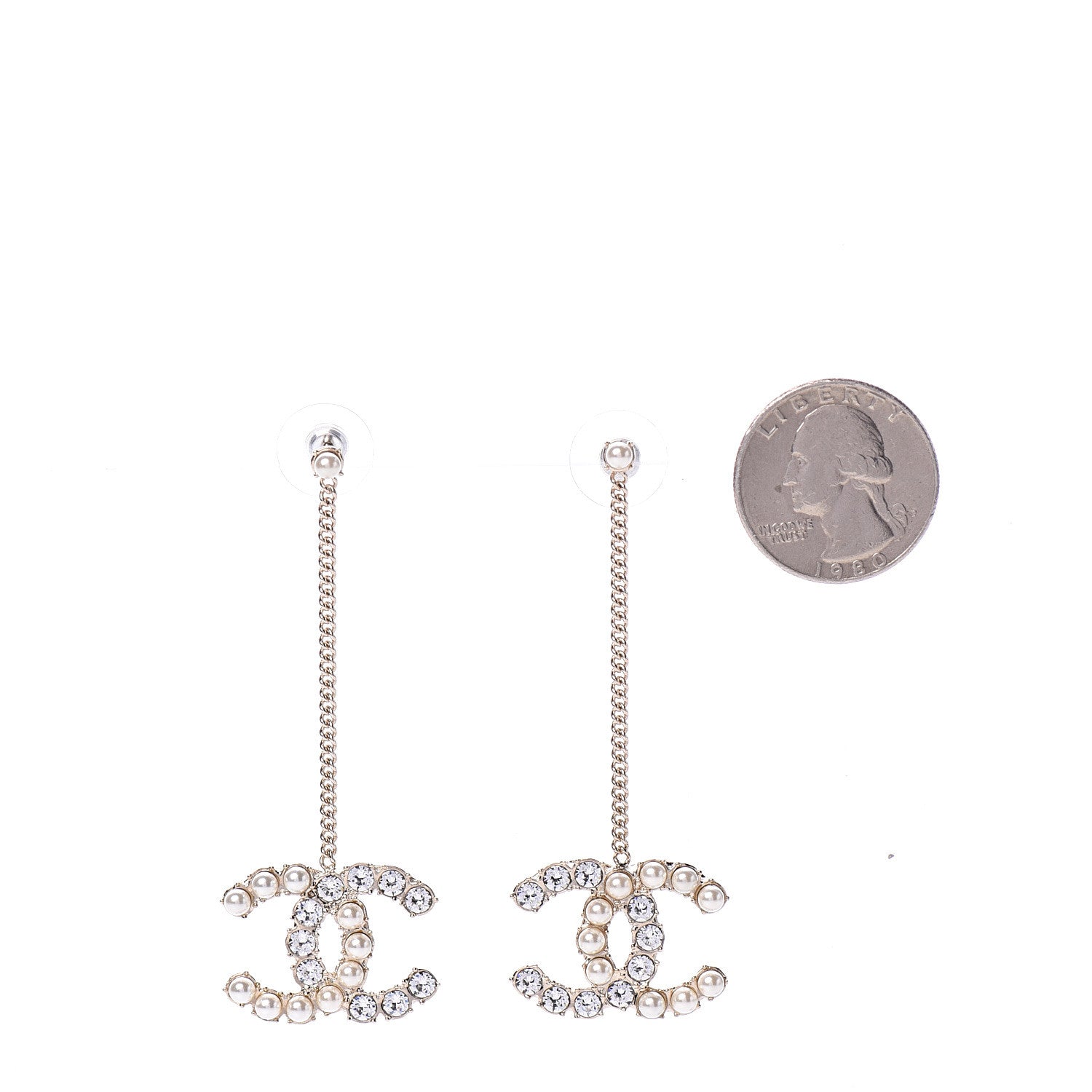 Chanel Crystal Pearl CC Drop Earrings Gold 2 of 5