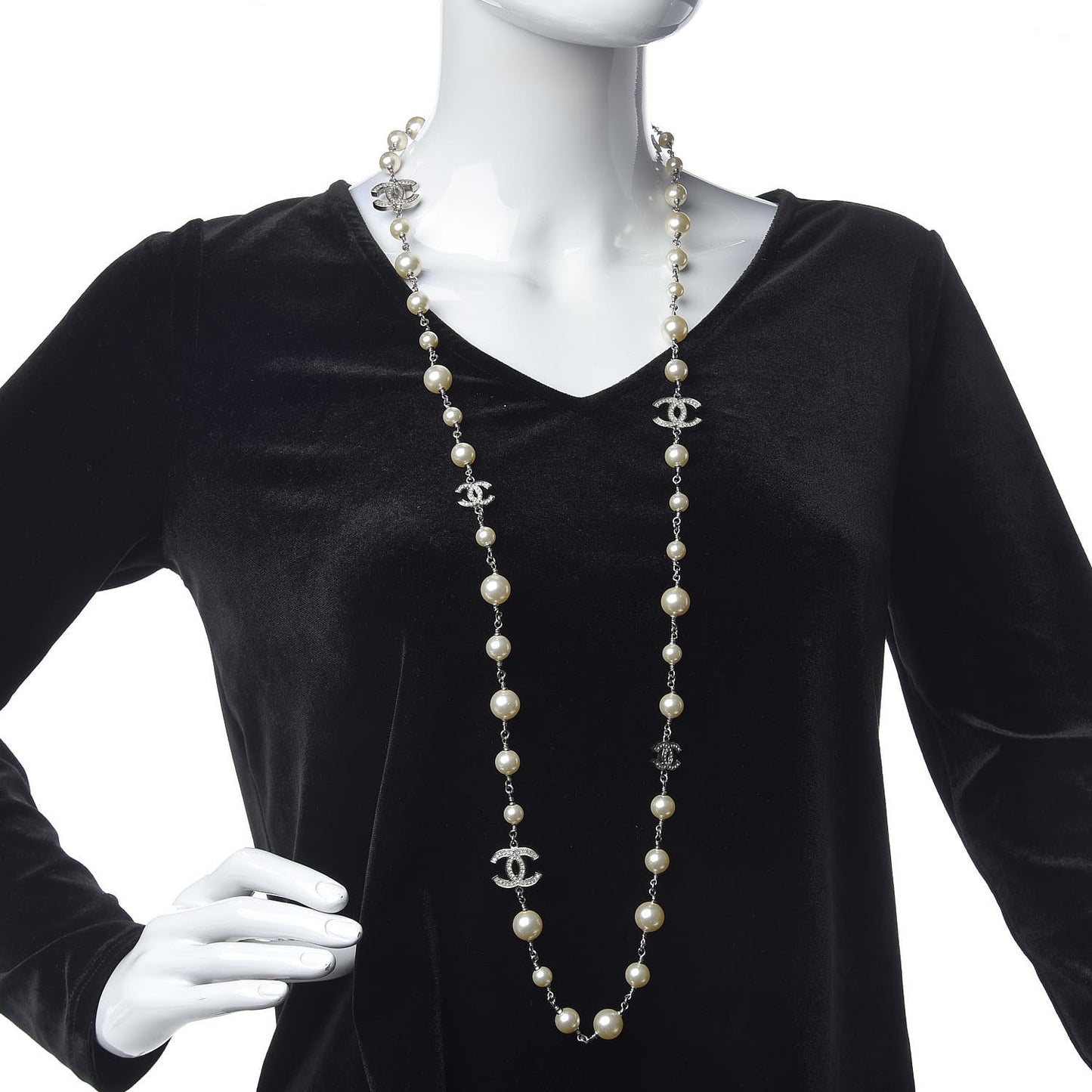 Graduated Pearl Crystal CC Long Necklace Silver