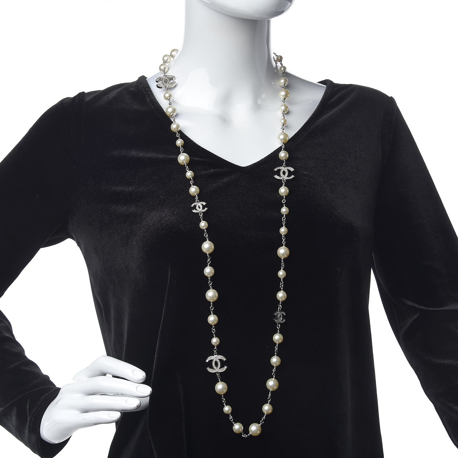 Chanel Graduated Pearl Crystal CC Long Necklace Silver 2 of 8