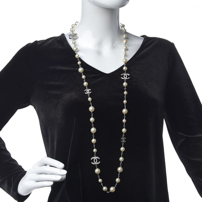 Chanel Graduated Pearl Crystal CC Long Necklace Silver 2 of 8