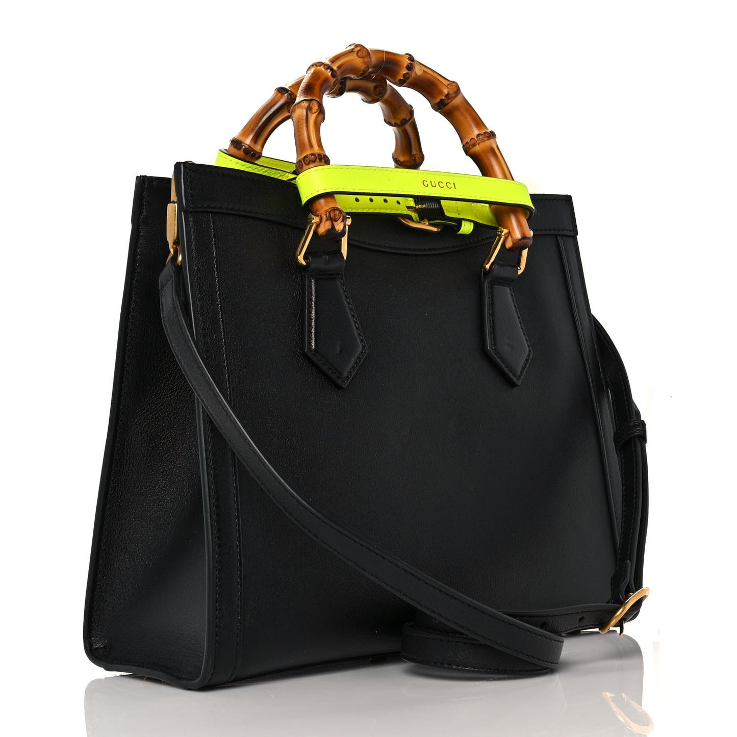 Calfskin Small Diana Tote Bag Black Yellow Fluo