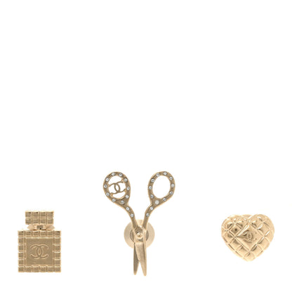 Chanel Metal Strass Crystal Quilted CC Heart Scissors Perfume Brooch Set Gold 1 of 5