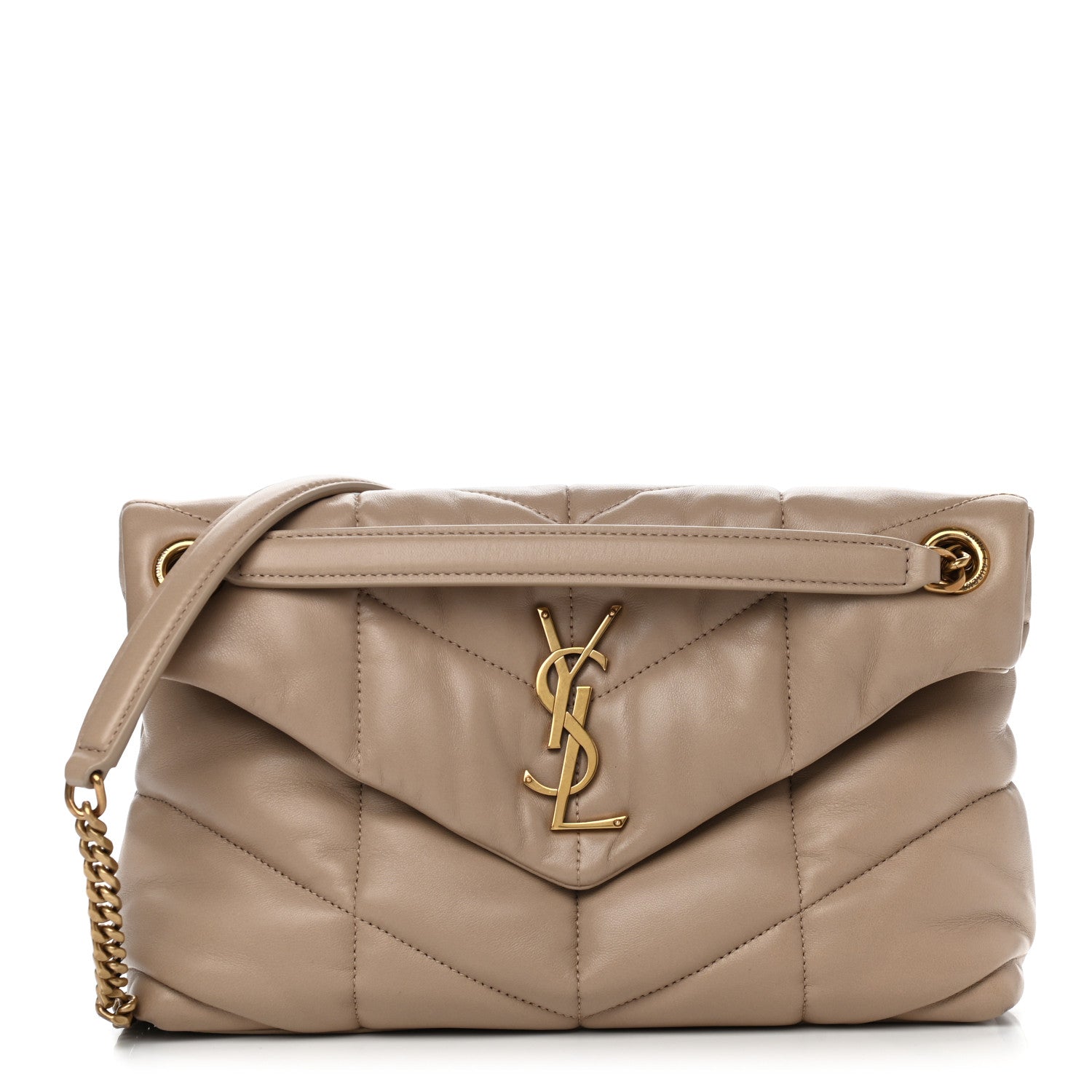 Saint Laurent Lambskin Quilted Small Loulou Puffer Monogram Chain Satchel Dark Beige 1 of 11